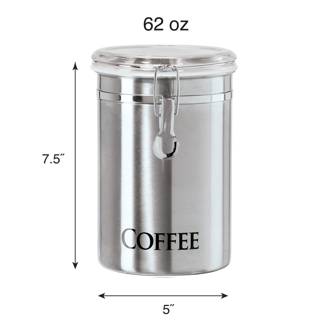 Stainless Steel Coffee Canister 62 fl oz - Airtight Clamp Lid, Clear See-Thru Top - Ideal for Coffee Bean Storage, Ground Coffee Storage, Kitchen Storage, Pantry Storage. Large Size 5 x 7.5.