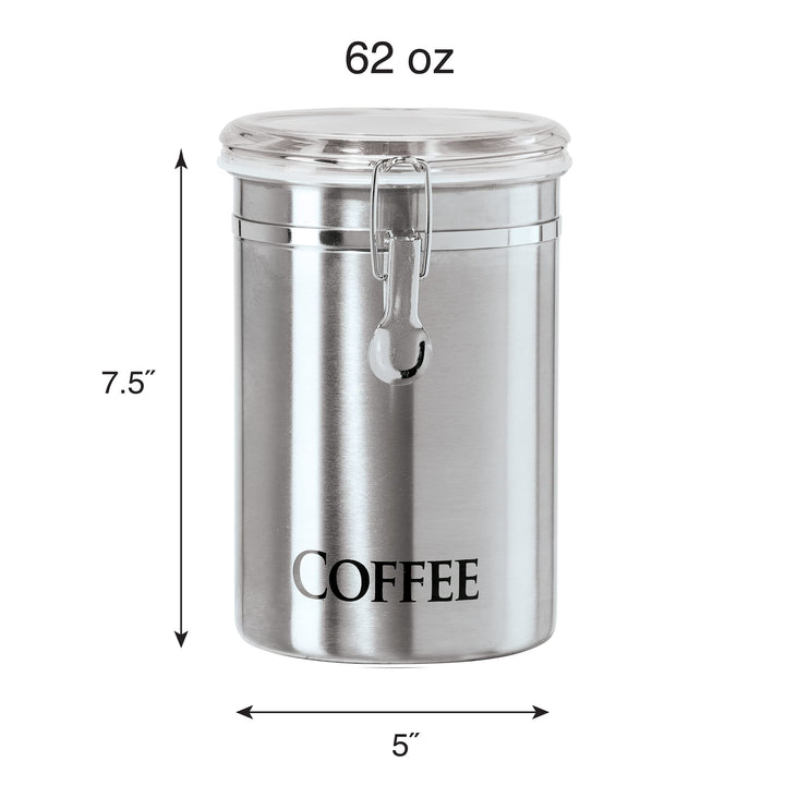Stainless Steel Coffee Canister 62 fl oz - Airtight Clamp Lid, Clear See-Thru Top - Ideal for Coffee Bean Storage, Ground Coffee Storage, Kitchen Storage, Pantry Storage. Large Size 5 x 7.5.