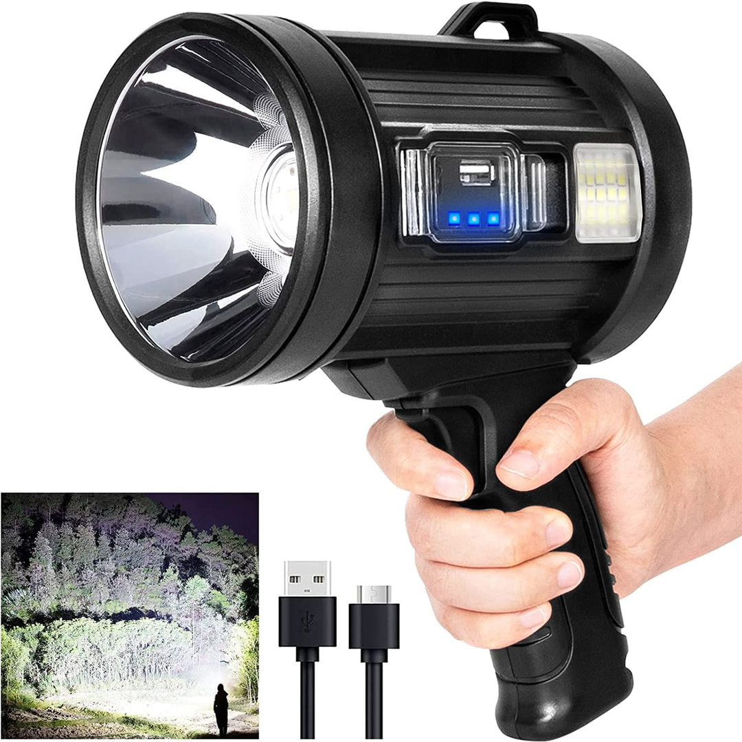 Rechargeable Spotlight, 1000,000 Lumens Handheld Hunting Flashlight Led Spot Light with Cob Light and Solar Panels, Lightweight and Super Bright Spotlight for Hunting Boating Camping
