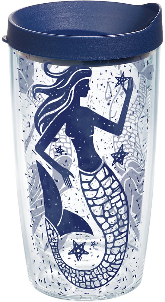1199002 Vintage Mermaid Collage Tumbler with Wrap and Navy Lid 16oz, Clear