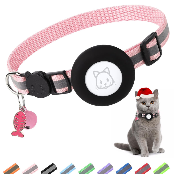 Airtag Cat Collar, Air tag Cat Collar with Bell and Safety Buckle in 3/8 Width, Reflective Collar with Waterproof Airtag Holder Compatible with Apple Airtag for Cat Dog Kitten Puppy (Pink)