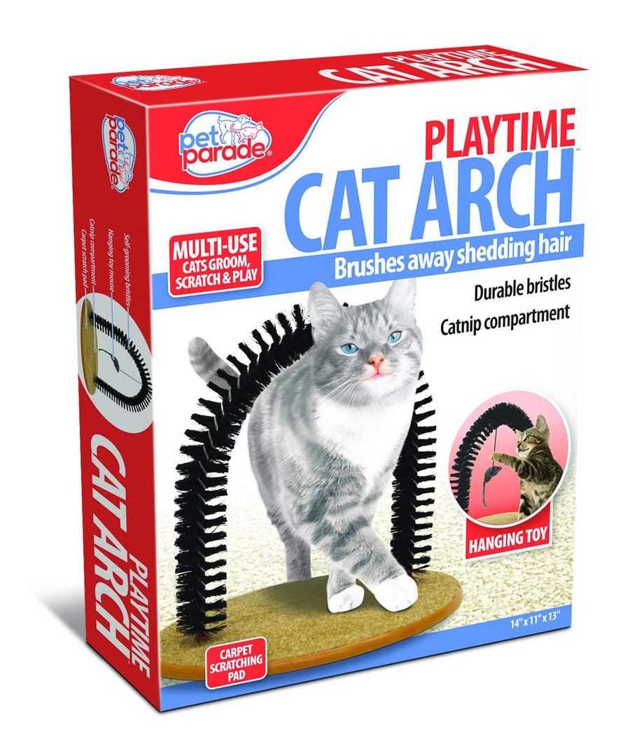 Self-Grooming Playtime Cat Arch - Helps Prevent Hairballs & Controls Shedding - Includes Hanging Toy, Black