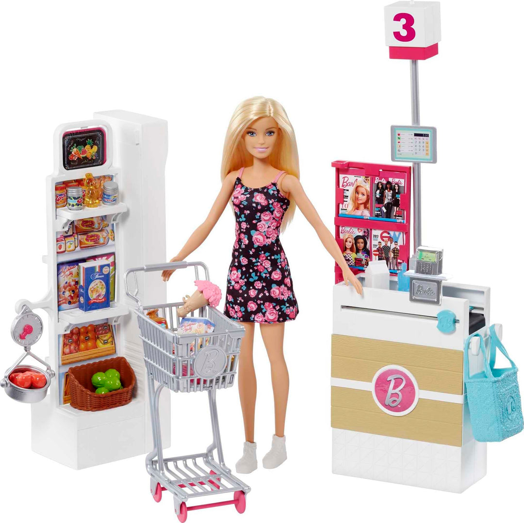 Doll &amp; Playset, Supermarket with 25 Grocery Store-Themed Accessories Including Food, Check-Out Counter &amp; Shelves