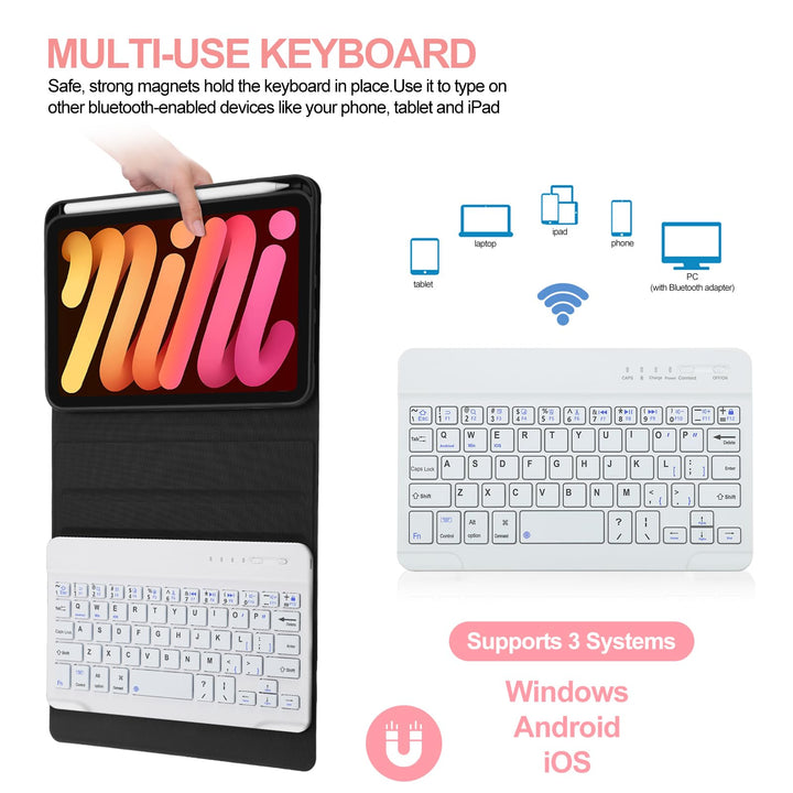 iPad Mini (A17 Pro) 7th Keyboard Case 2024, Detachable Wireless Bluetooth Keyboard Slim Folio Smart Cover with Build-in Pencil Holder for iPad Mini 7th/6th 2021 Generation 8.3 inch, Rose Gold