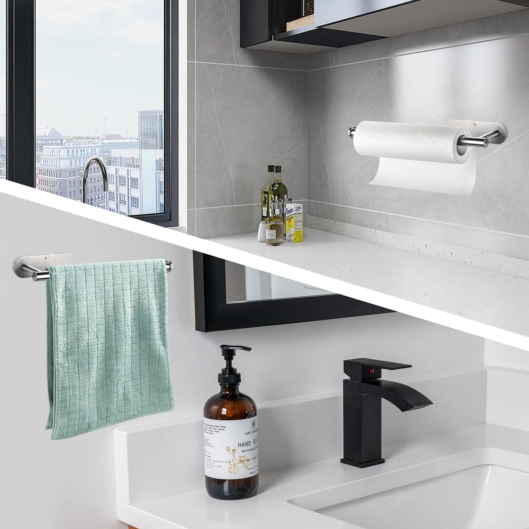 Paper Towel Holder Under Cabinet, Wall Mount Paper Towel Holder - Self Adhesive or Drilling, 13.2 inch Stainless Steel Paper Towels Rolls Rack for Kitchen, Bathroom, Silver