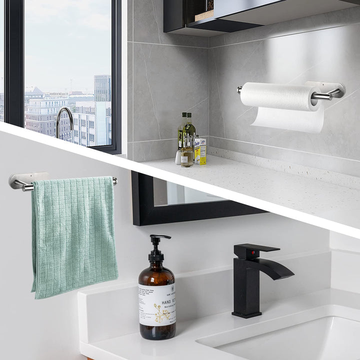 Paper Towel Holder Under Cabinet, Wall Mount Paper Towel Holder - Self Adhesive or Drilling, 13.2 inch Stainless Steel Paper Towels Rolls Rack for Kitchen, Bathroom, Silver