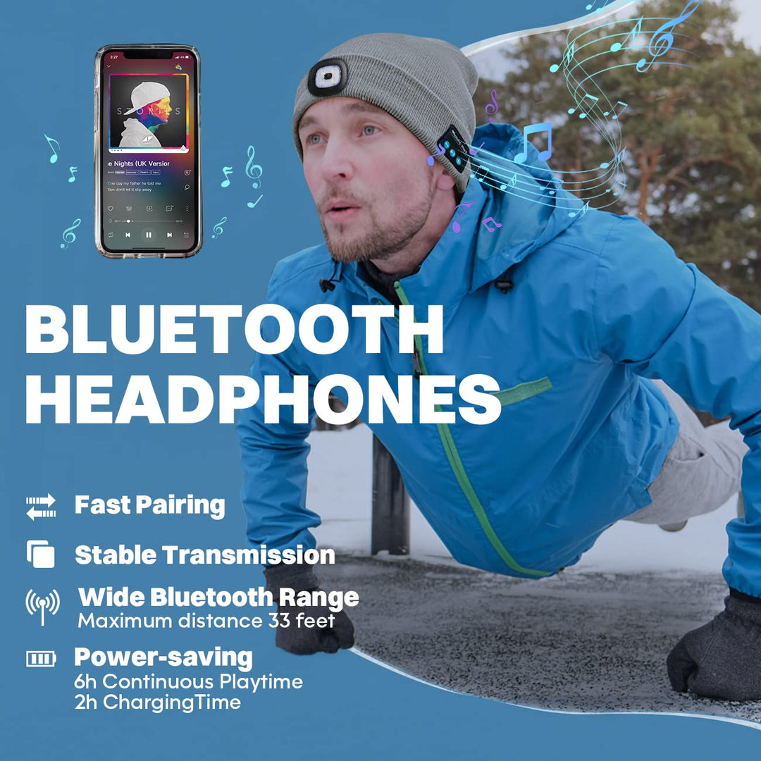 Bluetooth Beanie Hat with Light, Headlamp Cap with Headphones and Built-in Speaker Mic, Gifts for Men Women Teen Black