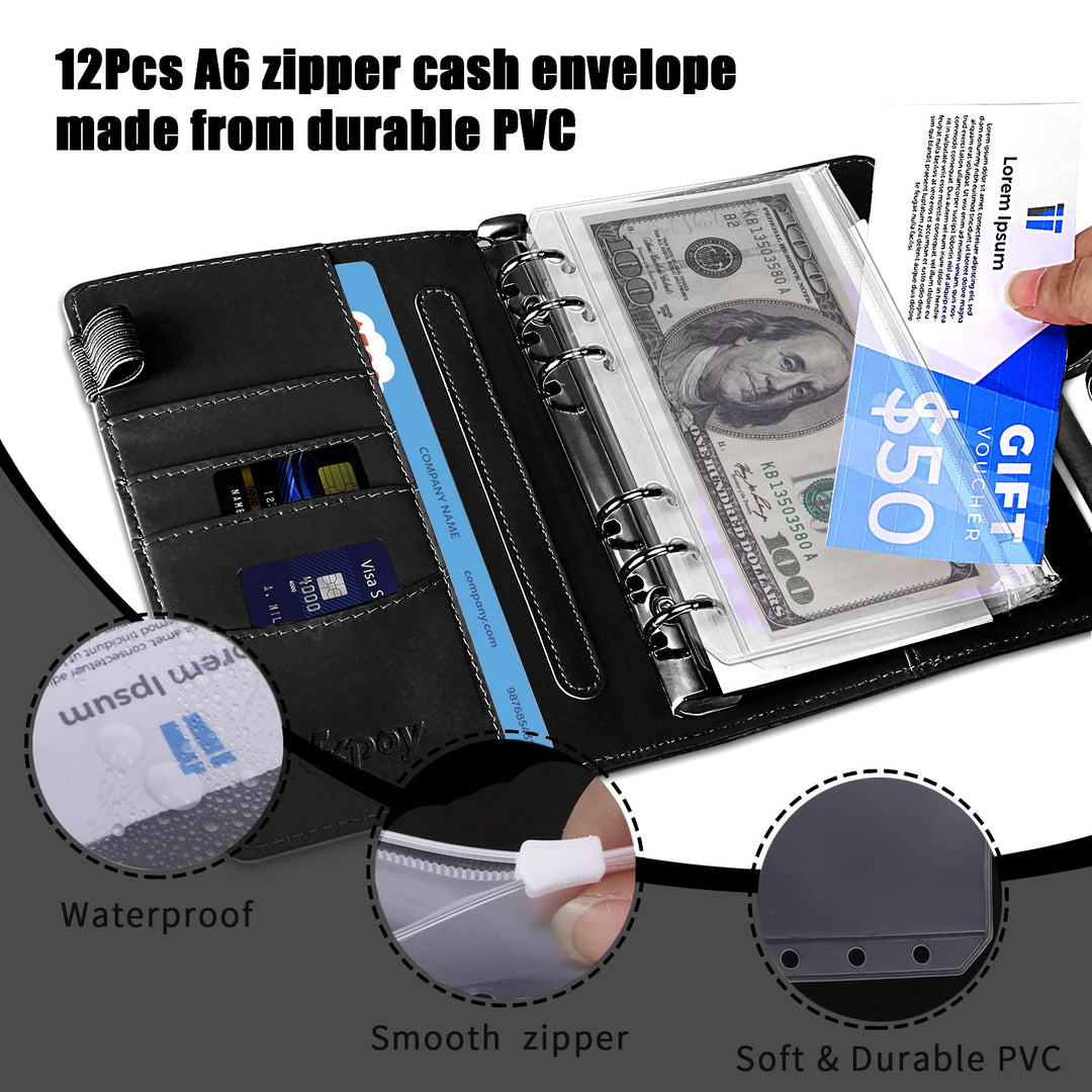 Cash Envelopes for Budgeting, 50 Pcs Budget Binder with Zipper Envelopes and Expense Budget Sheets, Waterproof PU Leather A6 Binder for Money Saving Planner Organizer (Black)