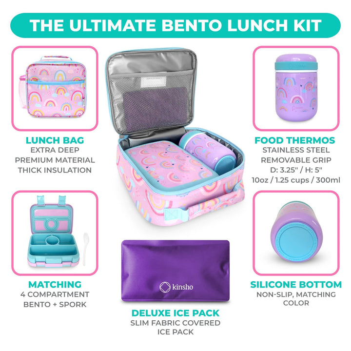 Bento Lunch Box with Thermal for Kids Set, Insulated Lunch Bag with Ice Pack, Stainless Steel Food Jar for Hot Soup, Boxes with 4 Compartments, Purple Rainbow