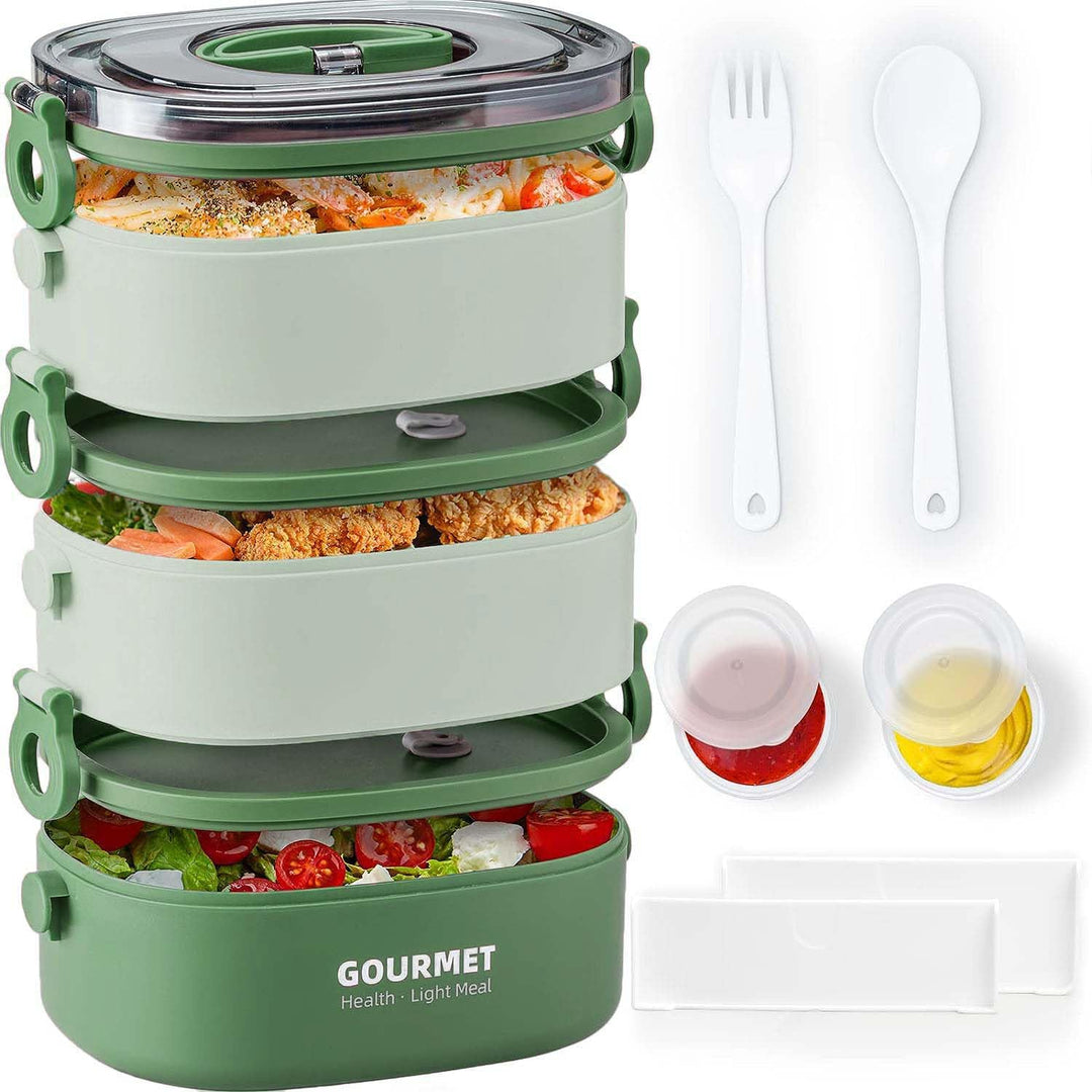 Bento Box Adult Lunch Box, Leak-Proof, BPA-Free Stacking Lunch Box, (3-Tier) Portable Stackable Food Container Storage Boxes for Work School Camping (Green)