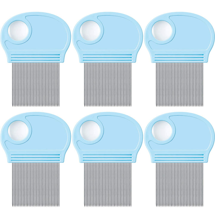 6 Pieces Head Lice Remover Nit Removal Hair Comb with Magnifier, Fine Metal Teeth Tool for Dogs Cats Pet Human Grooming and Removing Dandruff Flakes/Lice Eggs, Sky Blue