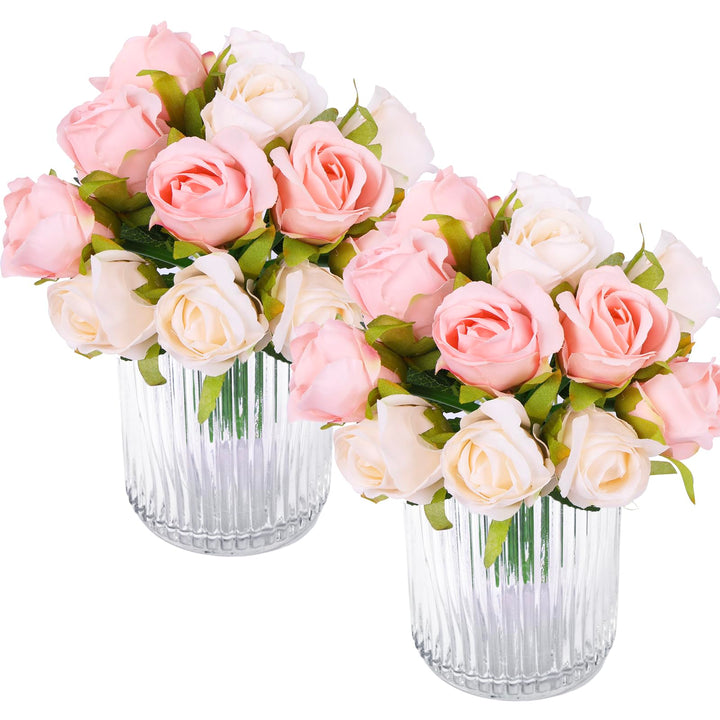 24 Heads Artificial Rose Flowers Bouquet Silk Flower Roses with Stems Home Bridal Wedding Party Festival Decor (2 Packs Champagne and Pink)