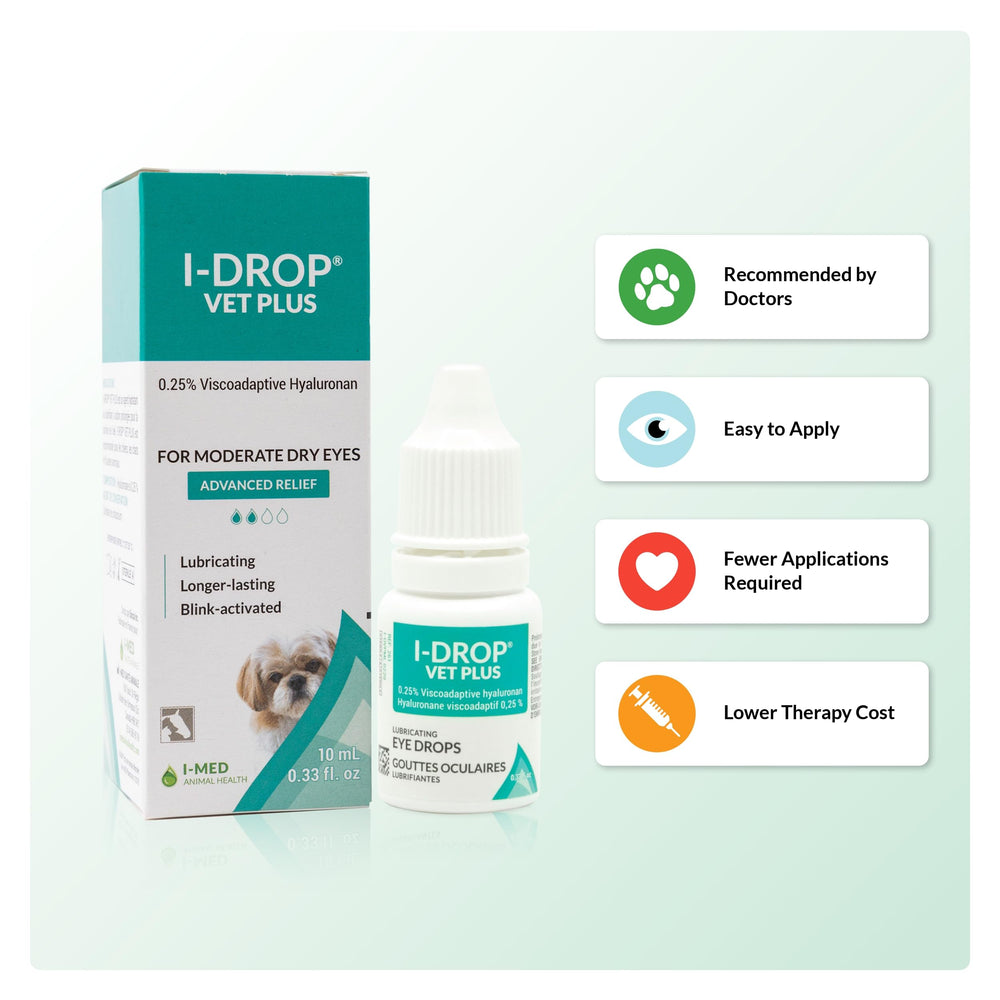 VET PLUS: Pet Eye Drops for Dogs | Lubricate Acute/Seasonal Dry Eyes | Superior Comfort | Long-lasting Relief | Fewer Application Needed, 0.25% Hyaluronan | Multi dose Bottle | One Bottle 10 ml