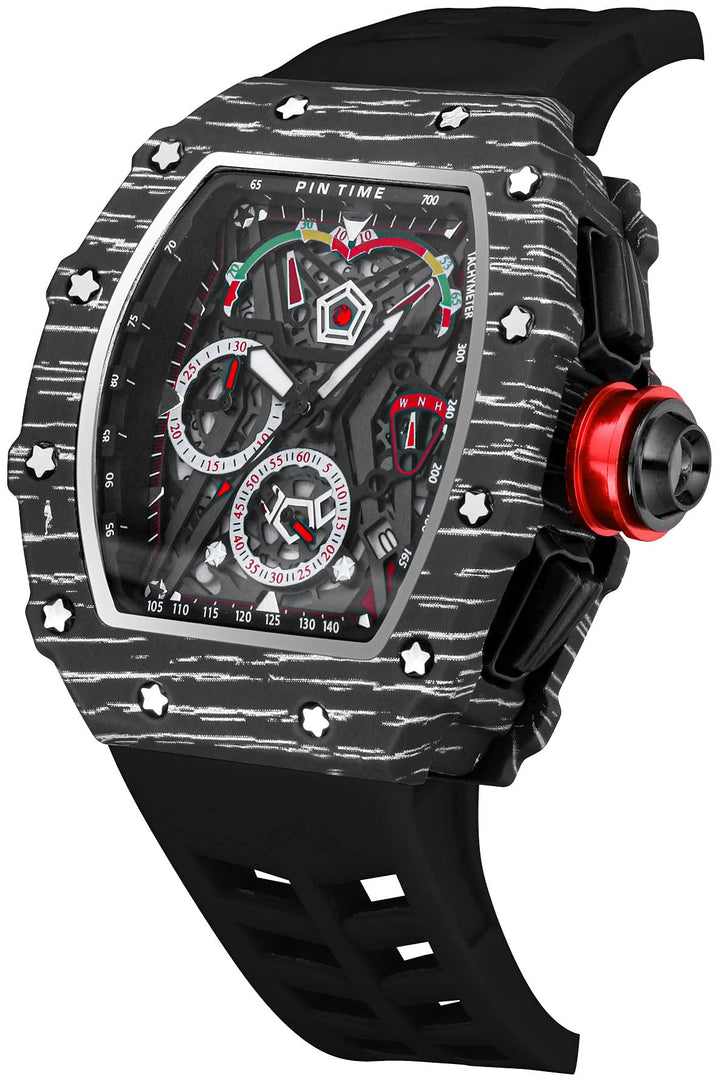 Mens Luxury Tonneau Square Watches Analog Punk Chronograph Unique Sports Wrist Watch Japanese Movement Luminous Design with Rubber Band (X Black Black)