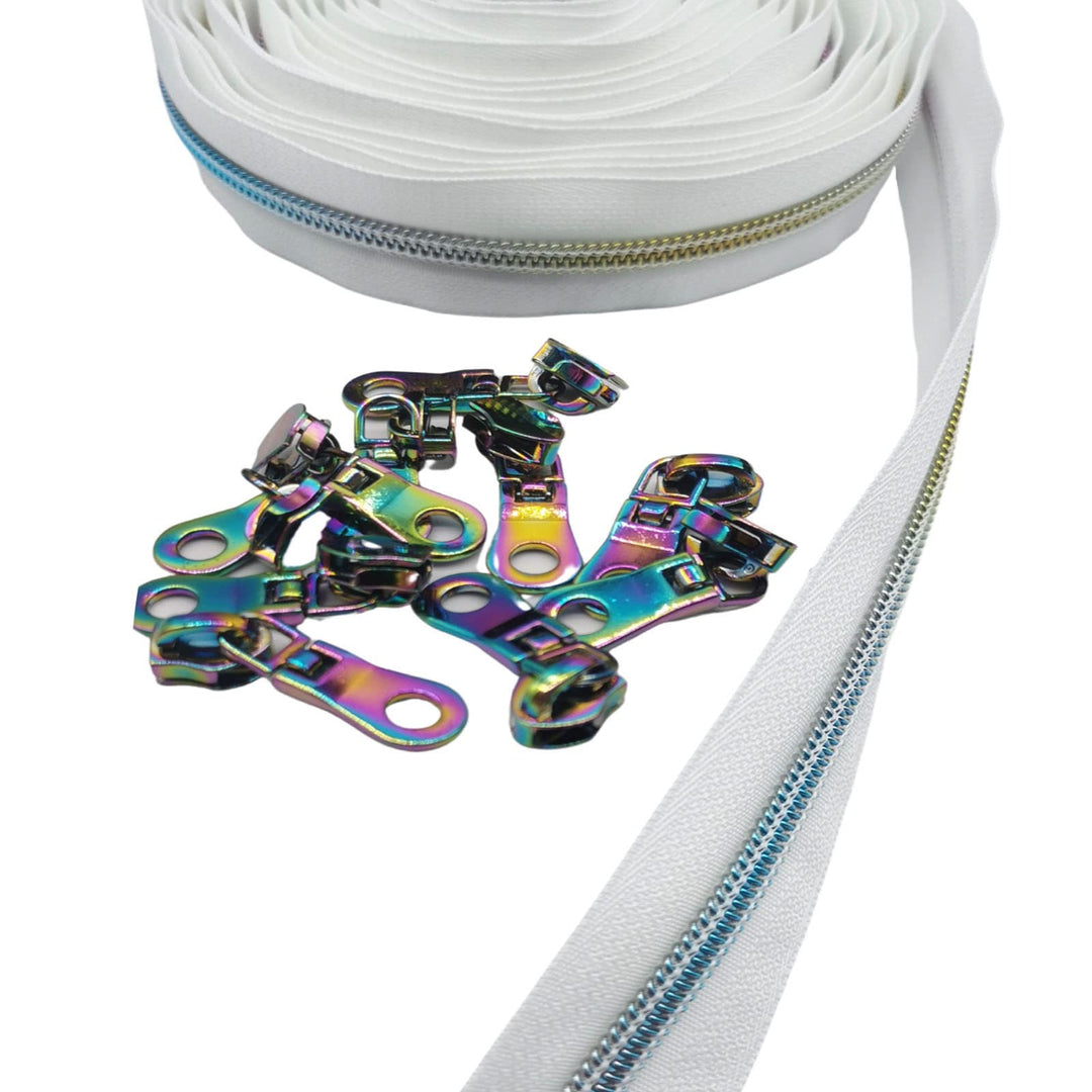 B.Y Elements #5 Zippers by The Yard, Nylon Coil Long Zipper, Rainbow Zipper Tape 5 Yards with 10PCS Donut Rainbow Zipper Pulls for DIY Sewing Tailor Craft Bags(White Rainbow)