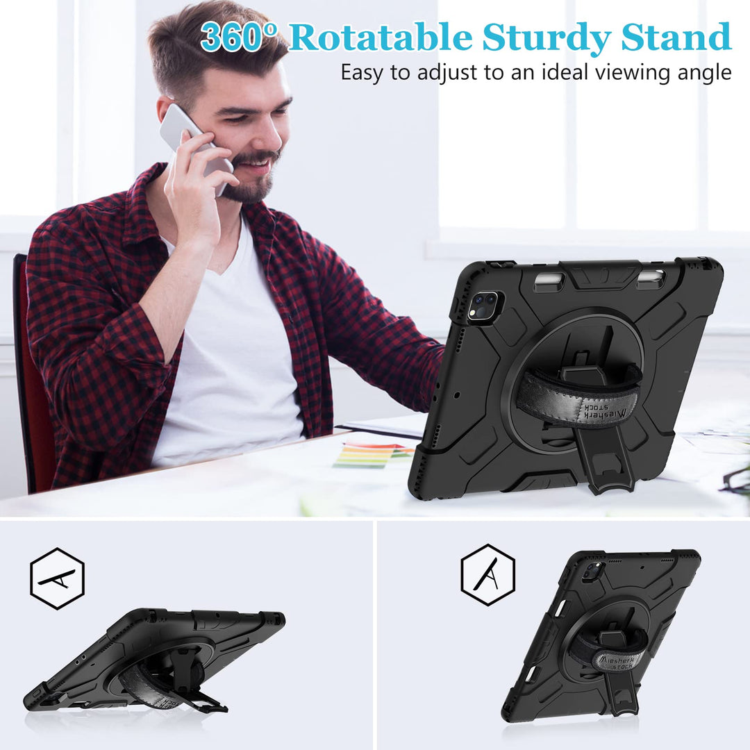 Case for iPad Pro 12.9 2022/2021/ 2020/2018: Military Grade Silicone Cover for iPad 12.9 6th/5th/4th/3rd Generation W/Screen Protector- Stand- Pencil Holder- Handle- Shoulder Strap- Black