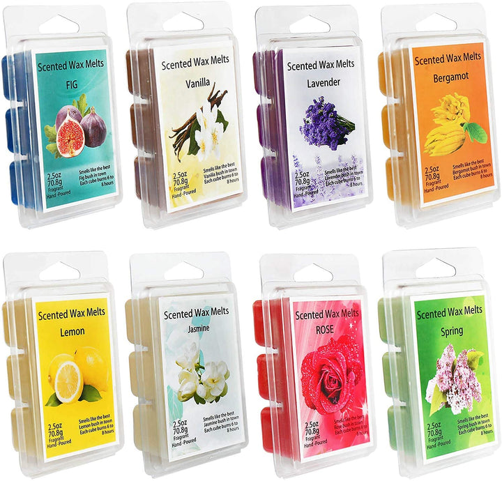 Wax Melts Air Freshener - Highly Scented Luxury Wax Cubes Gift Set - 8 Fragrances X 6 Cubes - Smells Great - Lemon, Fig, Lavender, Spring Fresh,Rose ,Jasmine,Vanilla,Bergamot (One Pack)