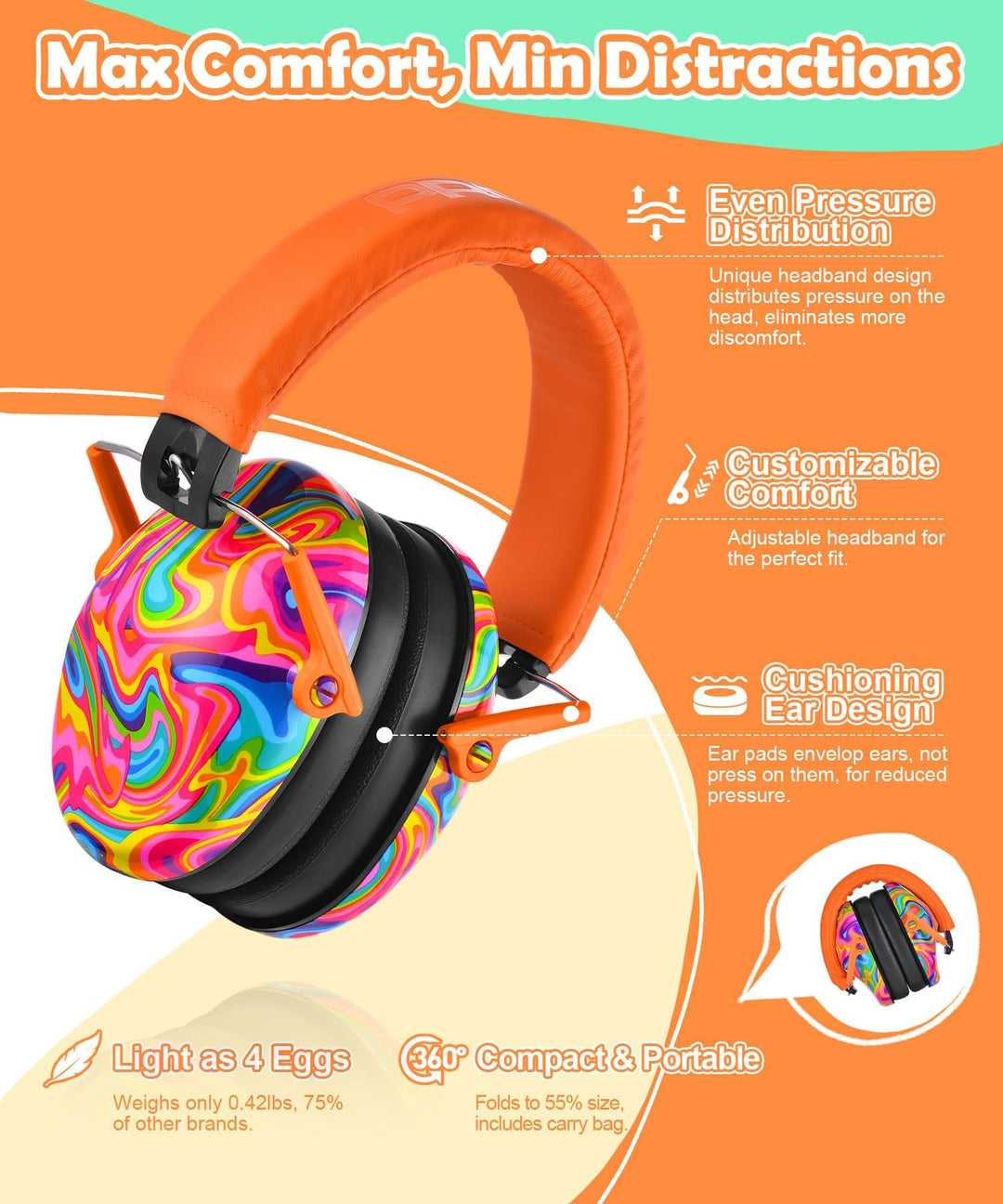 032 Kids Ear Protection - Noise Cancelling Headphones Ear Muffs for Autism, Toddlers, Children - Orange