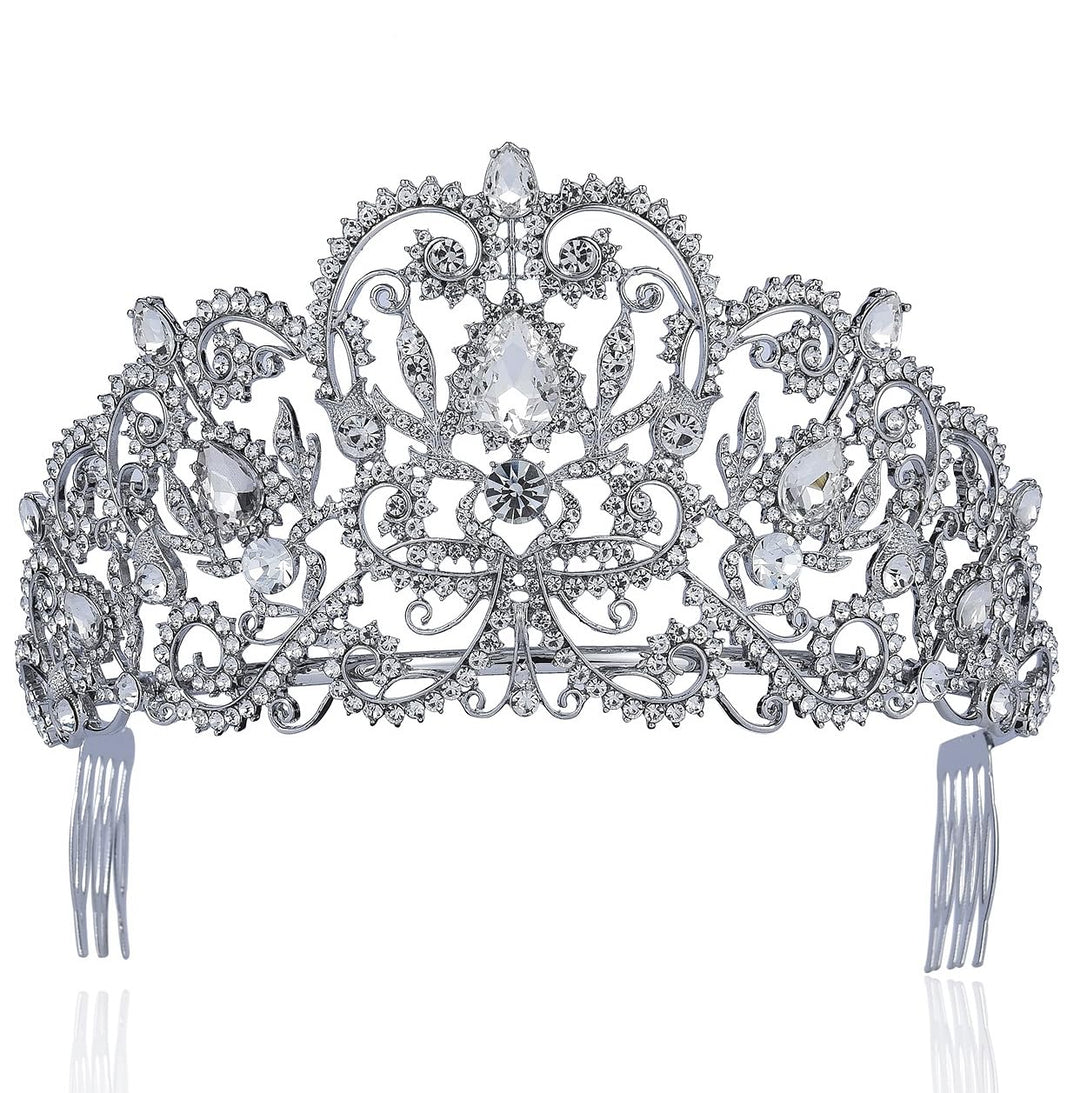 Victorian Clear White Austrian Rhinestone Crystal Tiara Crown With Hair Combs Princess Queen Headband Headpiece Jewelry Beauty Contest Birthday Bridal Prom Pageant Silver T1505 (Clear)