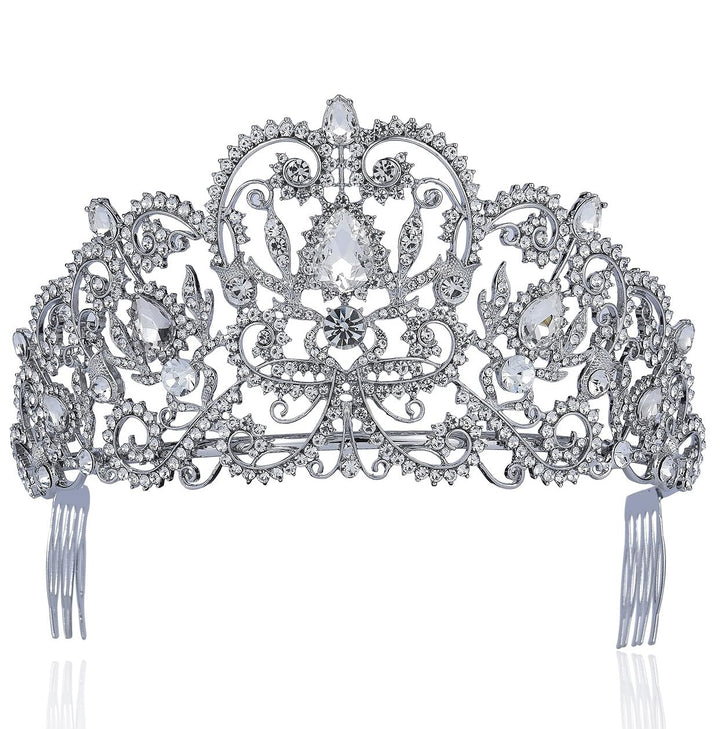 Victorian Clear White Austrian Rhinestone Crystal Tiara Crown With Hair Combs Princess Queen Headband Headpiece Jewelry Beauty Contest Birthday Bridal Prom Pageant Silver T1505 (Clear)