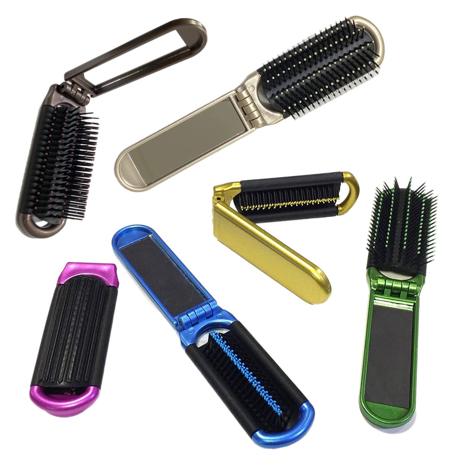 2 Folding Hair Brush With Mirror Compact Pocket Size Travel Car Gym Bag Purse Locker