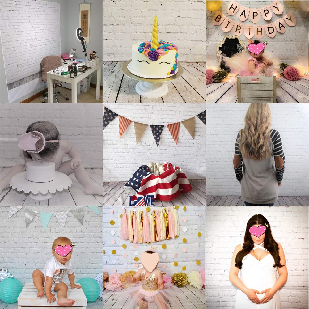 5X7ft White Brick Wall with Gray Wooden Floor Photography Vinyl Backdrop D-2504