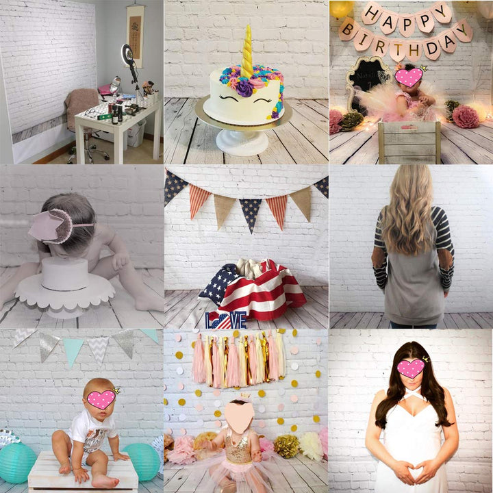 5X7ft White Brick Wall with Gray Wooden Floor Photography Vinyl Backdrop D-2504