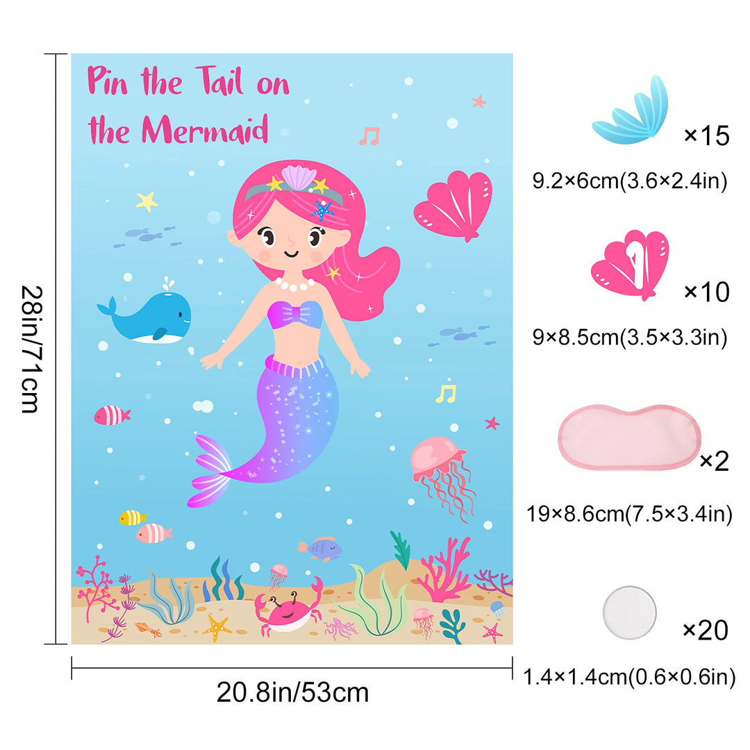 Pin The Tail on The Mermaid Fun Party Game for Kids with 12 Reusable Tails+10 Number Stickers+2 Blindfolds for Kids Birthday Decorations Mermaid Party Supplies