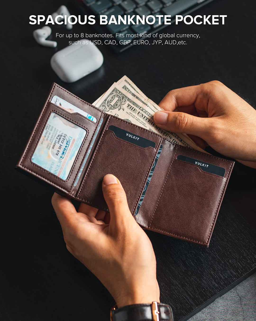 Card Holder Wallet with Coin Pocket Magnetic Closure Pop Up Cards With ID Window Leather Wallet for Cash &amp; Credit Cards, Espresso