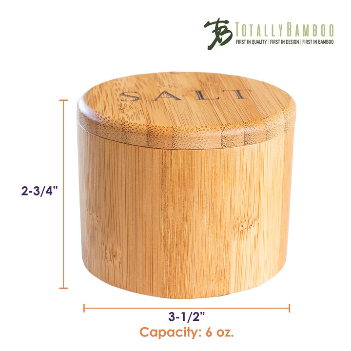 Salt Cellar Bamboo Storage Box with Magnetic Swivel Lid, 6 Ounce Capacity, Salt Engraved on Lid