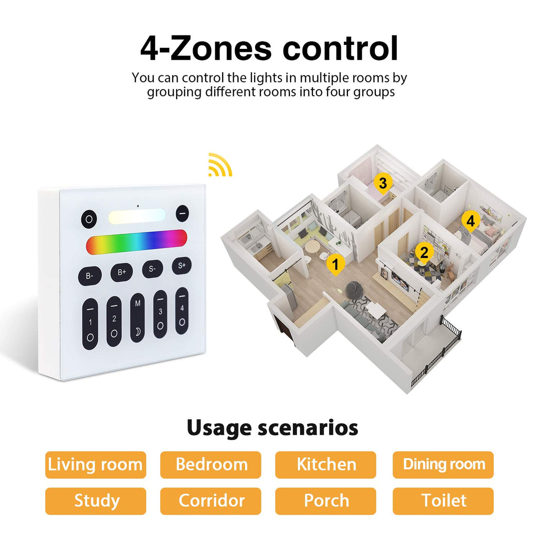 RGBCCT 2.4G RF Remote Control Wall Switch, Color/Color Temperature/Brightness Adjustable, Group Management, Night Light, 9 Modes Changing