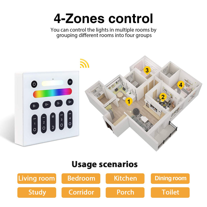 RGBCCT 2.4G RF Remote Control Wall Switch, Color/Color Temperature/Brightness Adjustable, Group Management, Night Light, 9 Modes Changing