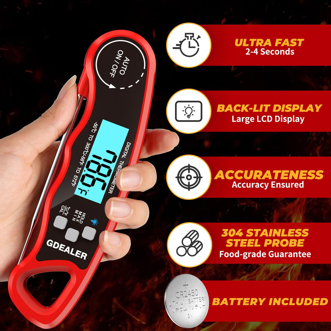 GDEALER Meat Thermometer Digital Food Thermometer Waterproof Ultra-Fast Instant Read Meat Thermometer for Grill Digital Meat Thermometer for Cooking Kitchen Thermometer with Backlight & Calibration