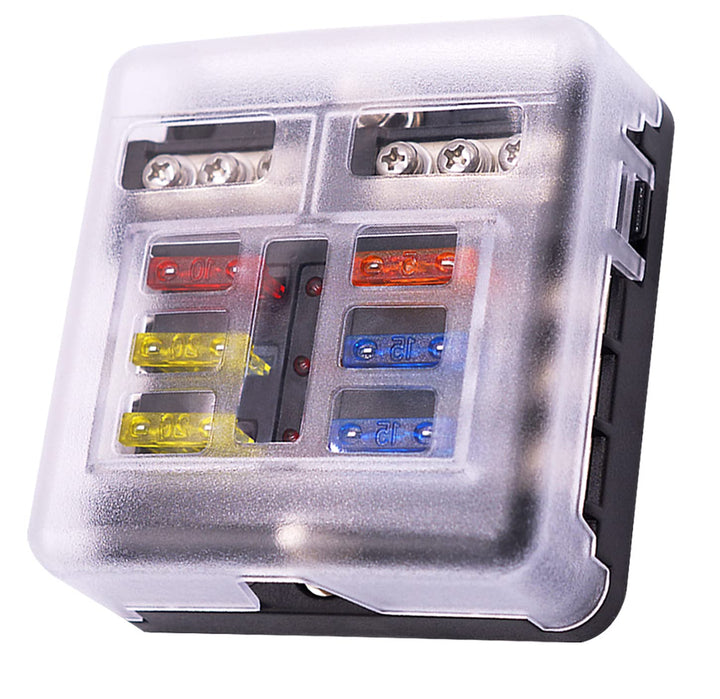 12 Volt Fuse Block, Waterproof 6 Way Fuse Box with 6 Ground Negative Busbar for Automotive[100 Amp Max] [ATC/ATO Fuses] [LED Indicator] [2 Spare Fuse Slots] for Car Boat Marine RV DC 12-24V