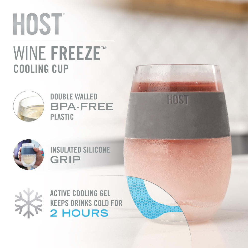 Wine Freeze Cup Set of 2 - Plastic Double Wall Insulated Wine Cooling Freezable Drink Vacuum Cup with Freezing Gel, Glasses for Red and White Wine, 8.5 oz Grey - Gift Essentials