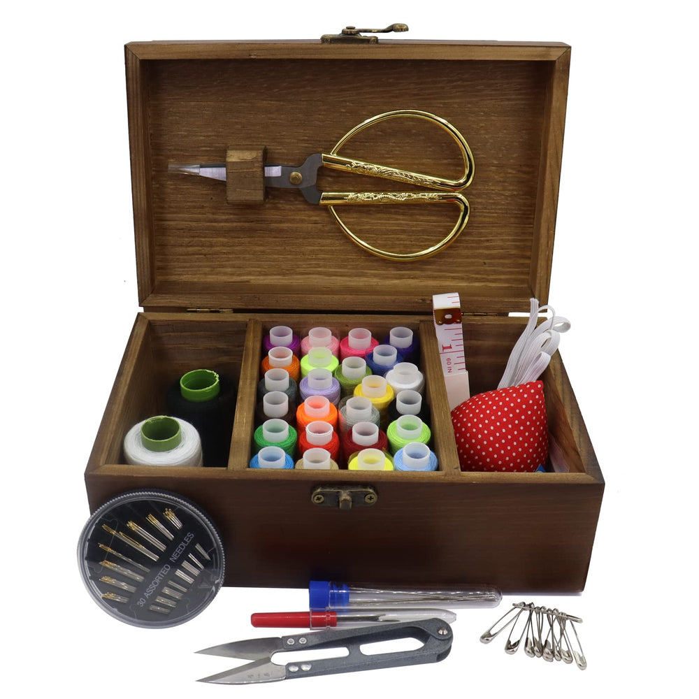 Sewing Kit Box Basket, Wooden Hand Home Sewing Repair Tool Kit, Beginner Universal Sew Kit Accessories for Women, Men, Adults, Girls, Kids (Retro Dandelion)