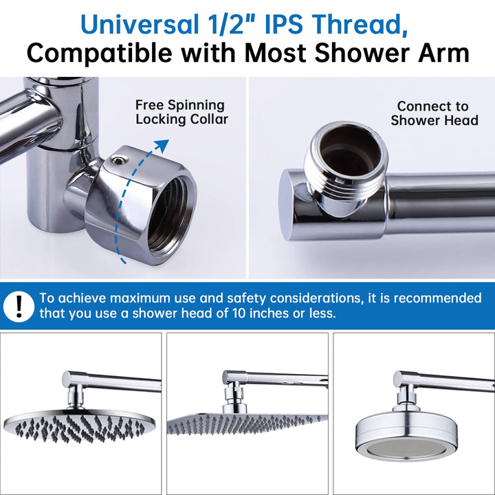 Shower Head Extension Arm,Solid Brass Adjustable Extender with Lock Joint, Rise or Lower Rainfall and Fixed Shower Head (13 Inch, Chrome)