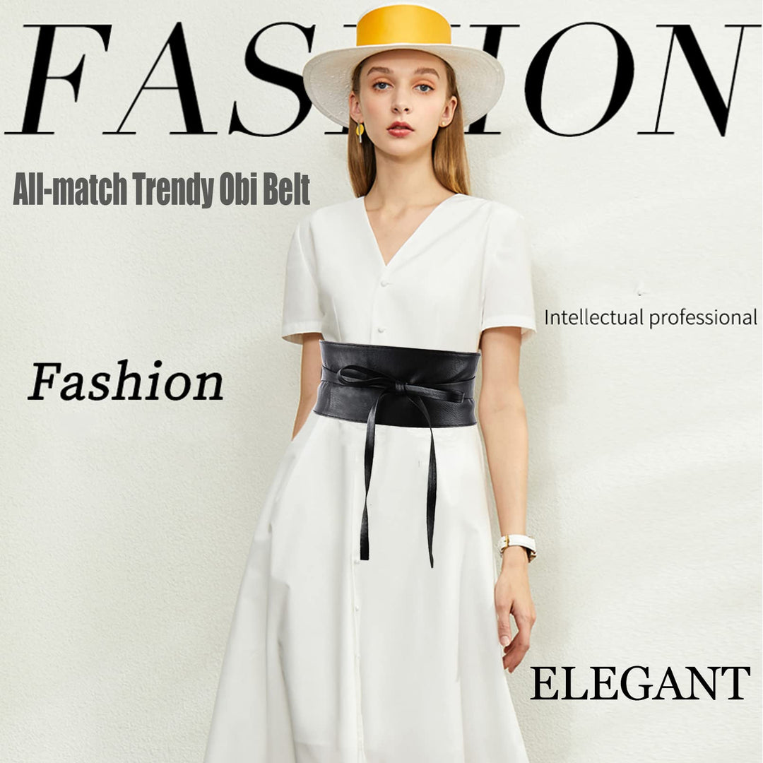 Women&#39;s Bowknot Faux Leather Wrap Around Self Tie Obi Cinch Waist Band Boho Belt,Black,One Size