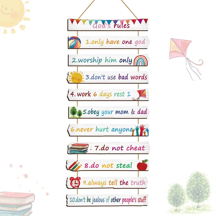 God Rules Sign Wall Decor 11 Pieces Wooden Hanging Wall Art Inspirational Religious Art Wall Decors Ten Commandments for Bedroom Classroom Playroom Decor Christian Gift