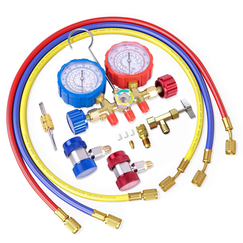 3 Way AC Manifold Gauge Set, Fits for R134A R12 R22 and R502 Refrigerants, with 5FT Hose, Acme Tank Adapters, Quick Couplers and Can Tap