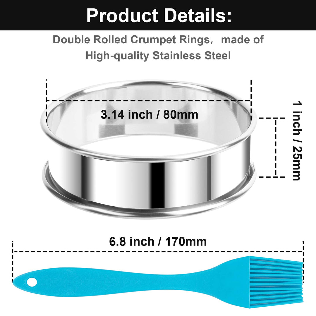 6 Pcs Double Rolled Crumpet Rings, Stainless Steel English Muffin Rings, Rust Resistant Tart Rings Tart Rounds for Home Baking, Round 3.15inch