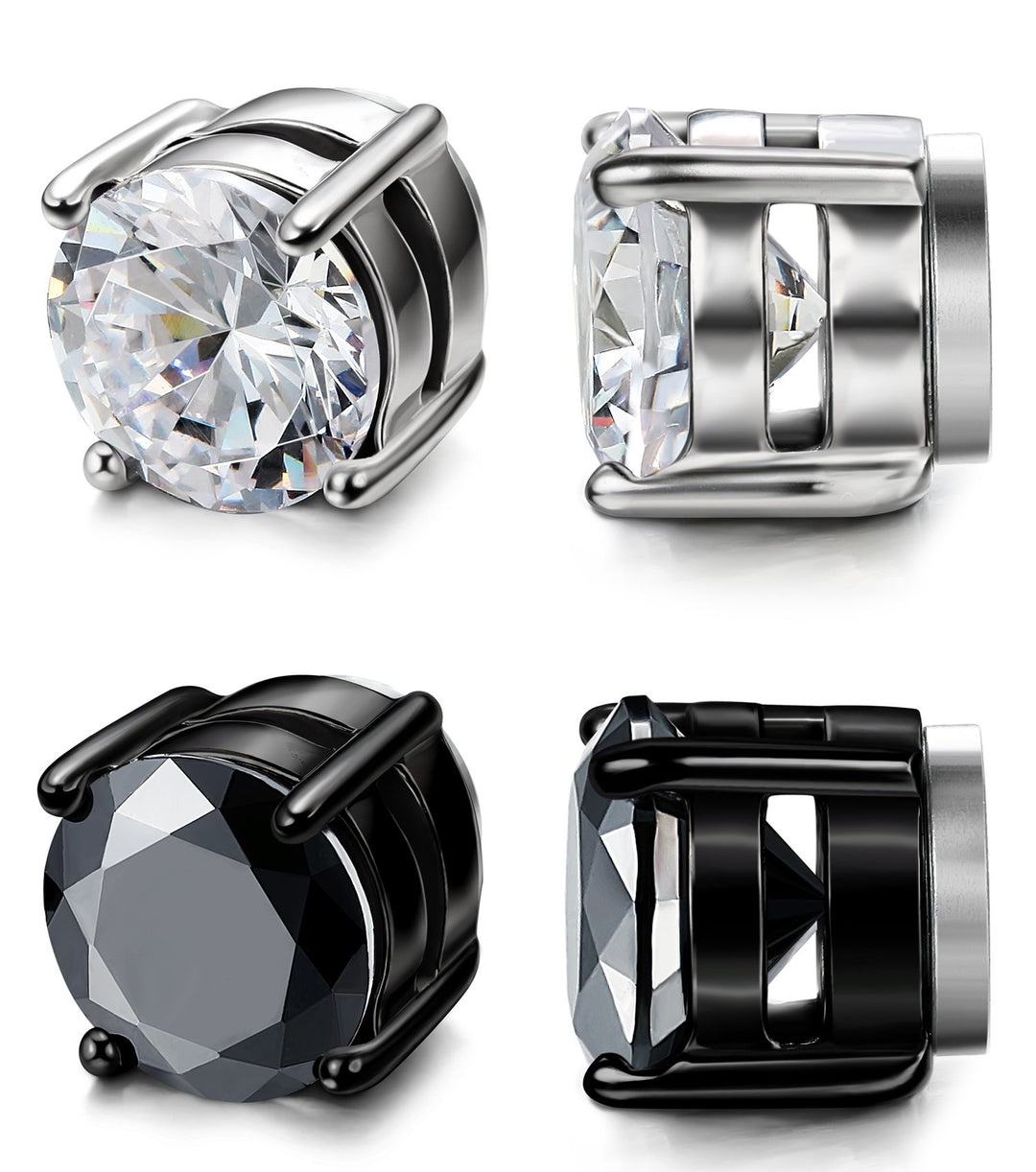 Stainless Steel Stud Earrings for Men Women Unisex Cubic Zirconia Inlaid 2 Pairs 8MM