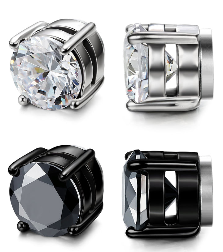 Stainless Steel Stud Earrings for Men Women Unisex Cubic Zirconia Inlaid 2 Pairs 8MM