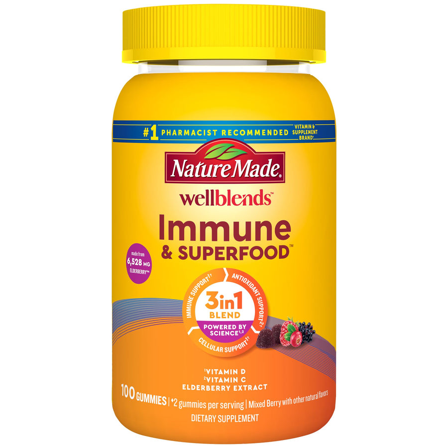 Wellblends Immune & Superfood, Elderberry Gummies with Acerola Cherry Extract, Plus Vitamin C + Vitamin D, Immune Support Supplement, 100 Gummy Vitamins