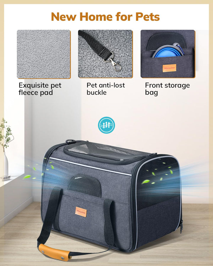 Cat Carrier - Soft Sided Cat Carrier Large for Big Medium Cats and Puppy up to 15lbs, Pet Carrier with Safety Zippers, Foldable Bowl, Airline Approved Large Cat Carrier - Dark Gray