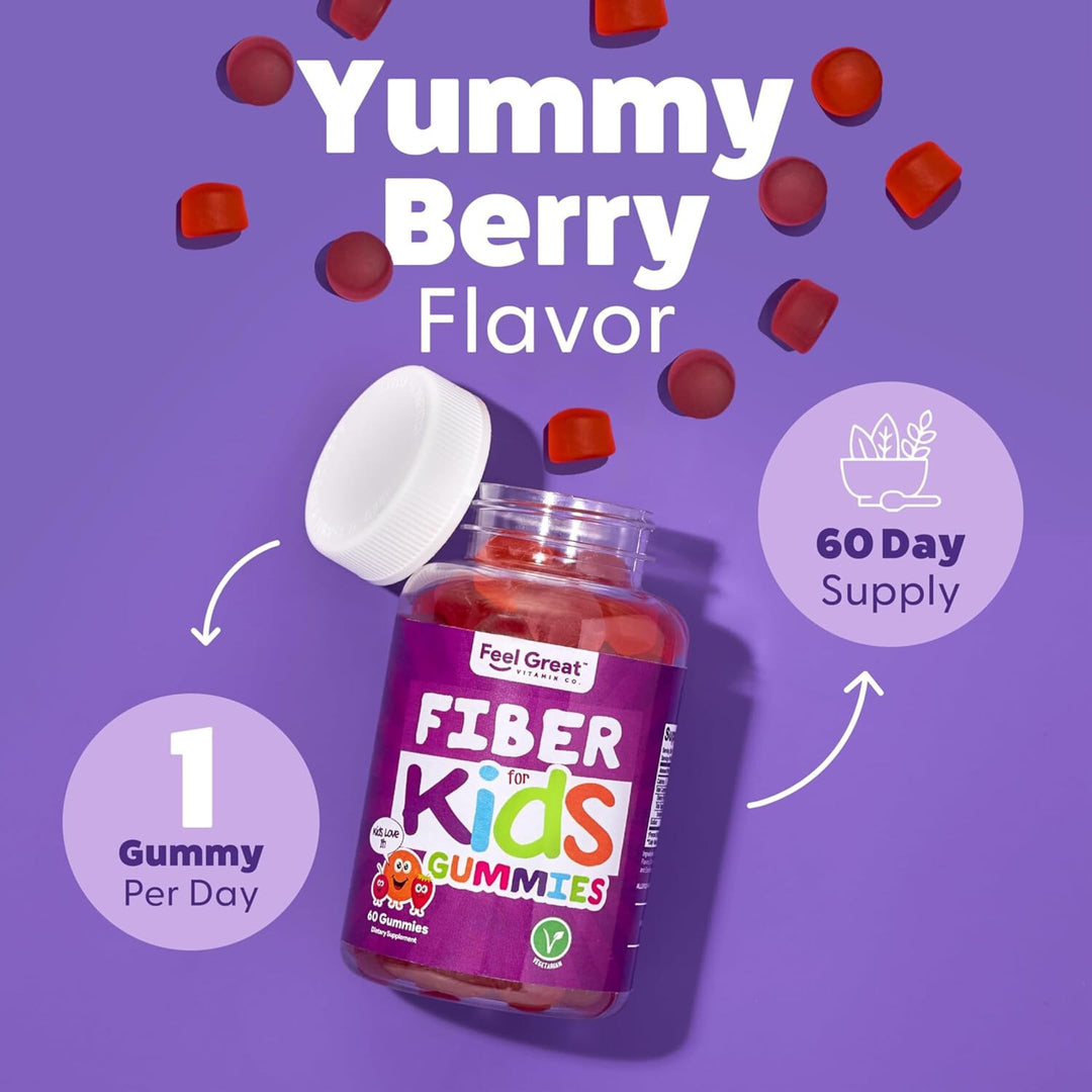 Fiber Gummies for Kids for Digestive Support | Constipation Relief for Kids | Fruity Flavored Chewable Fiber Gummies | Vegetarian Supplements | 60 Day Supply