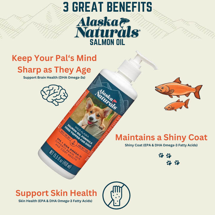 Wild Alaskan Salmon Fish Oil Supplement for Dogs Skin and Coat with EPA DHA Omega 3 Fatty Acids Liquid Food Topper 32 oz. Pump