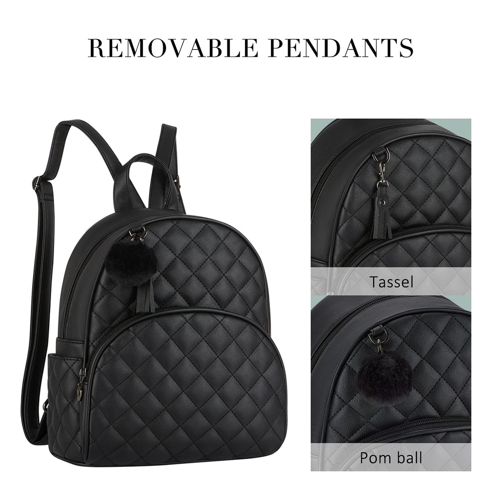 Mini Backpack for Women Leather Small Backpack Purse for Ladies Cute Pom Bookbag Travel Shoulder Bag with Charm Tassel Black