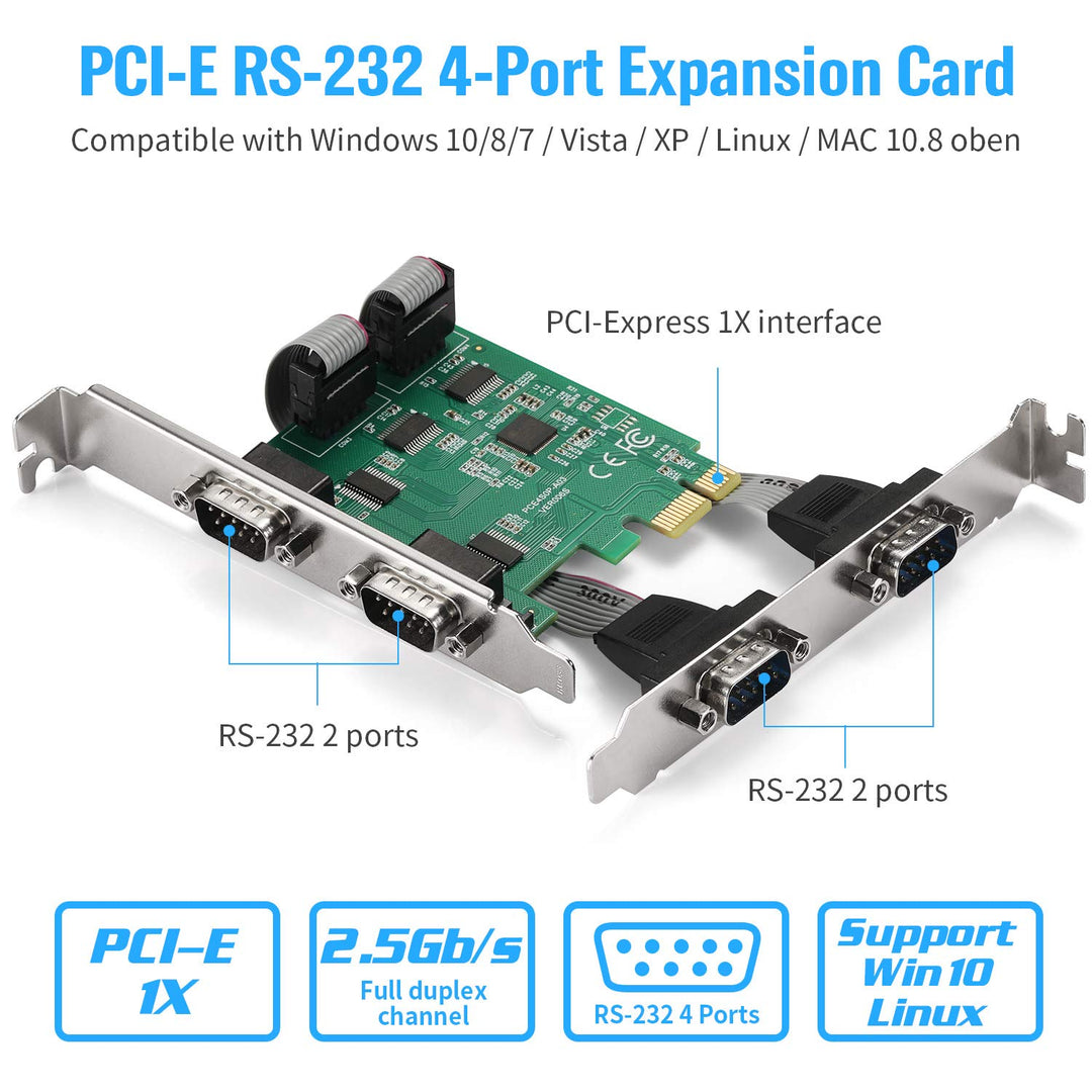 PCI-Express PCIe Expansion Card - 1X Serial COM interfaces - COM Port RS232 Interface - Adapter Converter Card, RS-232 Module with 4 Connections, 18-pin