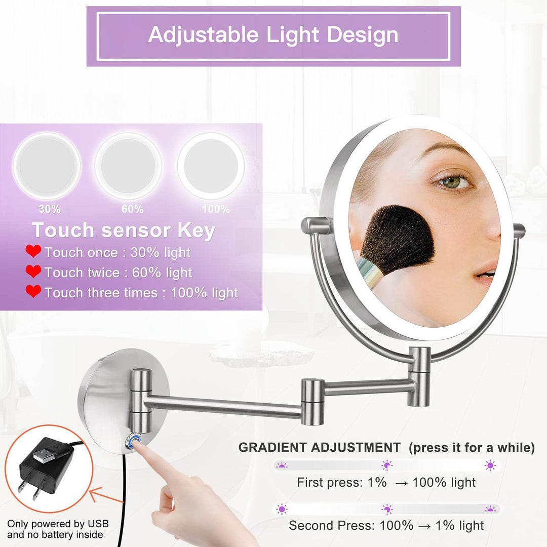 AmnoAmno Vanity Mirror 8.5 LED Double Sided Swivel Wall Mount Makeup Mirror with 10x Magnification,13.7 Extension,Touch Button Adjustable Light,Suitable for Bedroom or Bathroom